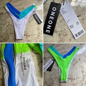New One One Swim $79 Jesse Cheeky Bikini Bottom Small NWT White Blue Green SM